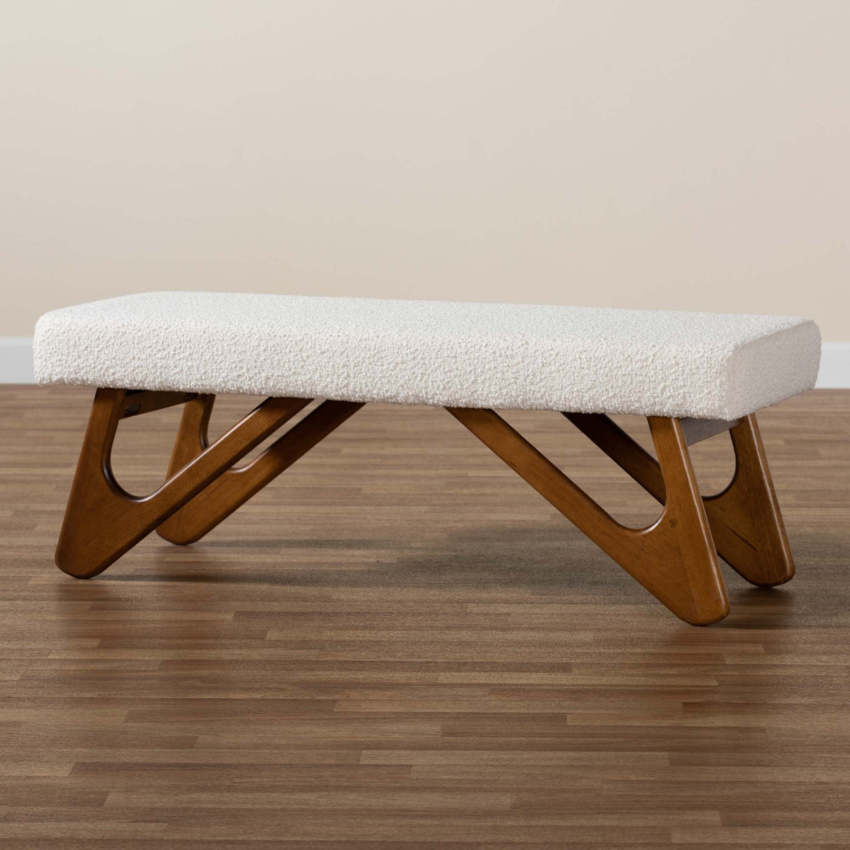 Rika Japandi Cream Boucle Fabric and Walnut Brown Finished Wood Bench by Wicker Fair