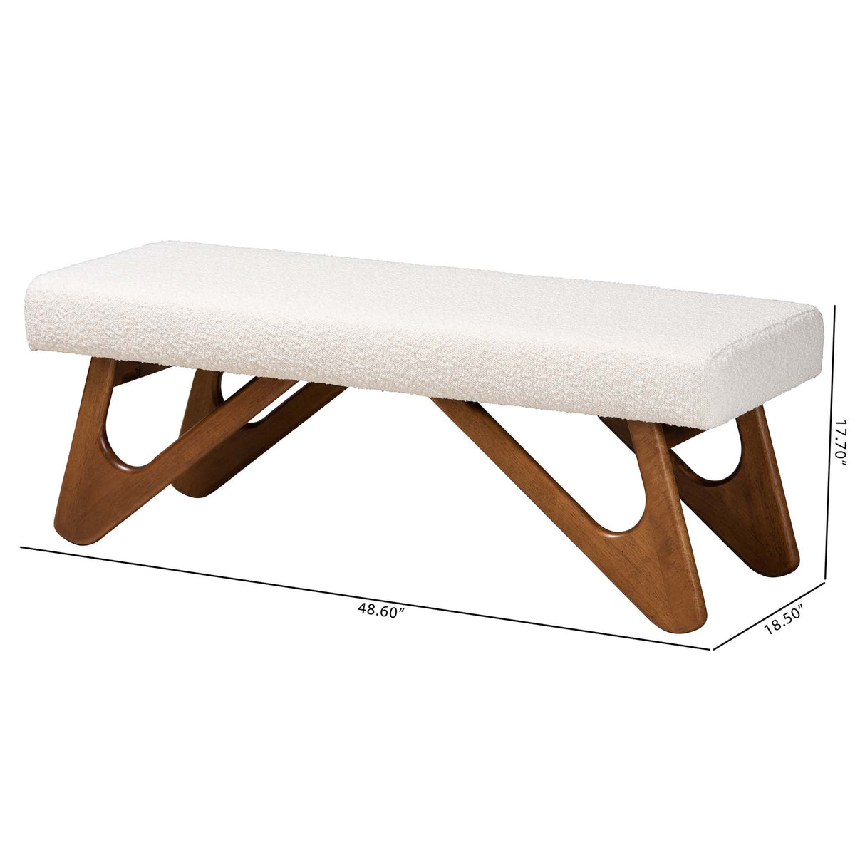 Rika Japandi Cream Boucle Fabric and Walnut Brown Finished Wood Bench by Wicker Fair