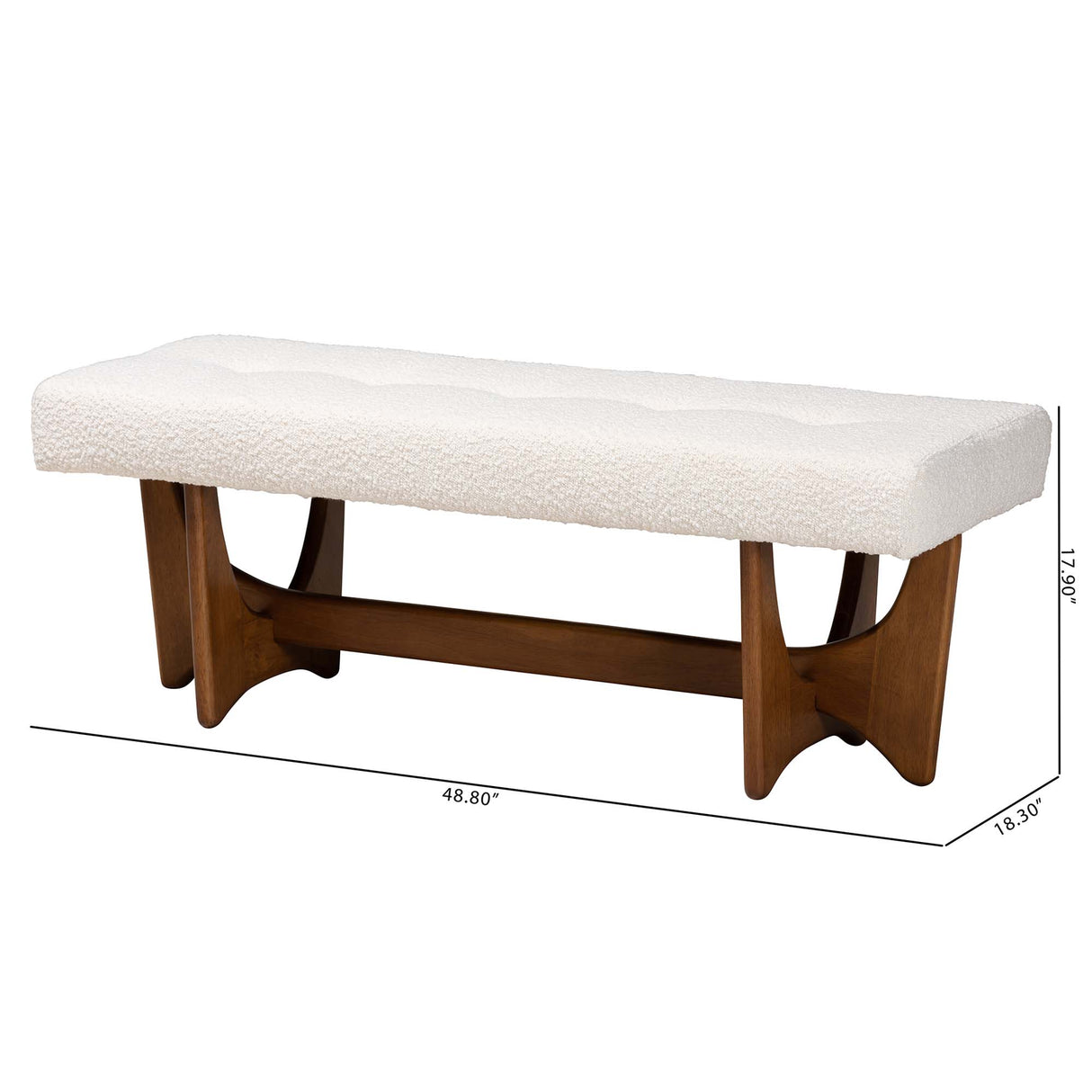 Theo Japandi Cream Boucle Fabric and Walnut Brown Finished Wood Bench by Wicker Fair
