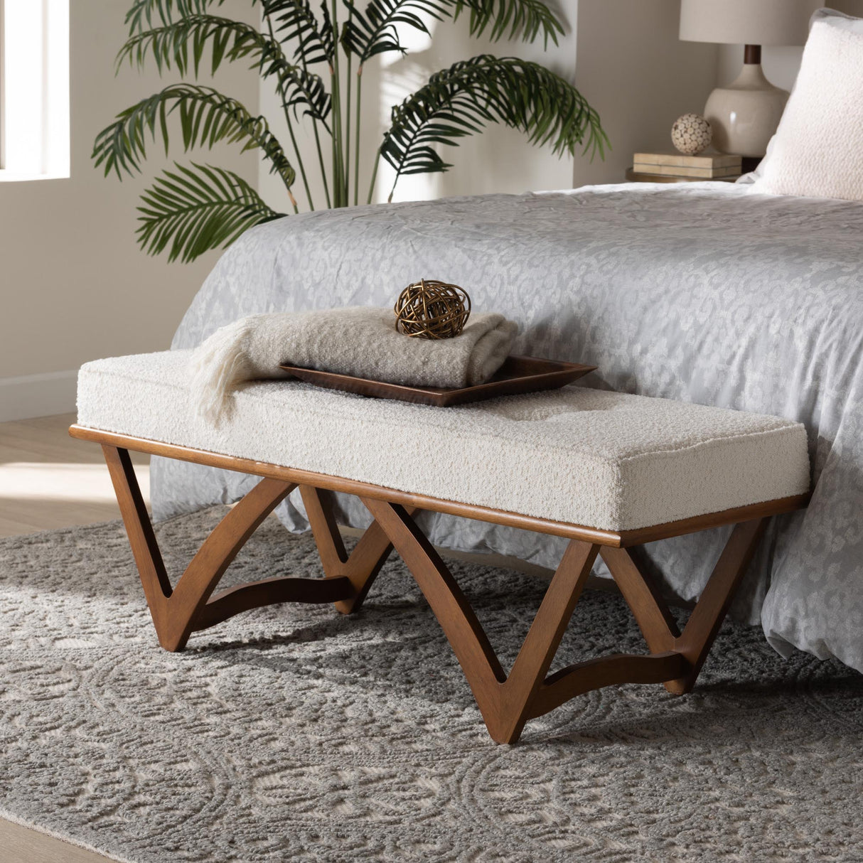 Chenoa Japandi Cream Boucle Fabric and Walnut Brown Finished Wood Bench by Wicker Fair