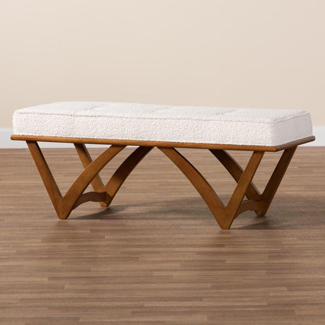 Chenoa Japandi Cream Boucle Fabric and Walnut Brown Finished Wood Bench by Wicker Fair