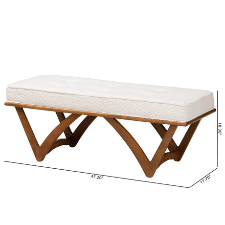 Chenoa Japandi Cream Boucle Fabric and Walnut Brown Finished Wood Bench by Wicker Fair