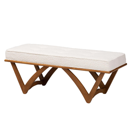 Chenoa Japandi Cream Boucle Fabric and Walnut Brown Finished Wood Bench by Wicker Fair