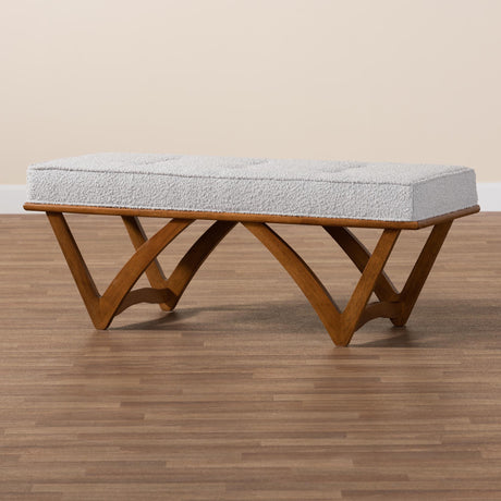 Chenoa Japandi Light Grey Boucle Fabric and Walnut Brown Finished Wood Bench by Wicker Fair