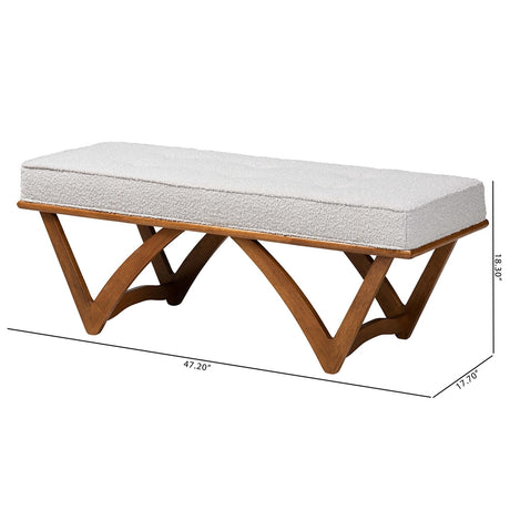 Chenoa Japandi Light Grey Boucle Fabric and Walnut Brown Finished Wood Bench by Wicker Fair