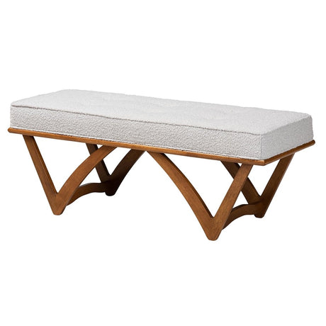 Chenoa Japandi Light Grey Boucle Fabric and Walnut Brown Finished Wood Bench by Wicker Fair