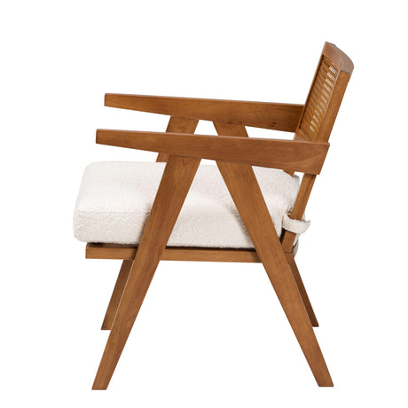 Jetsam Japandi Cream Boucle Fabric and Walnut Brown Finished Wood Arm Chair by Wicker Fair