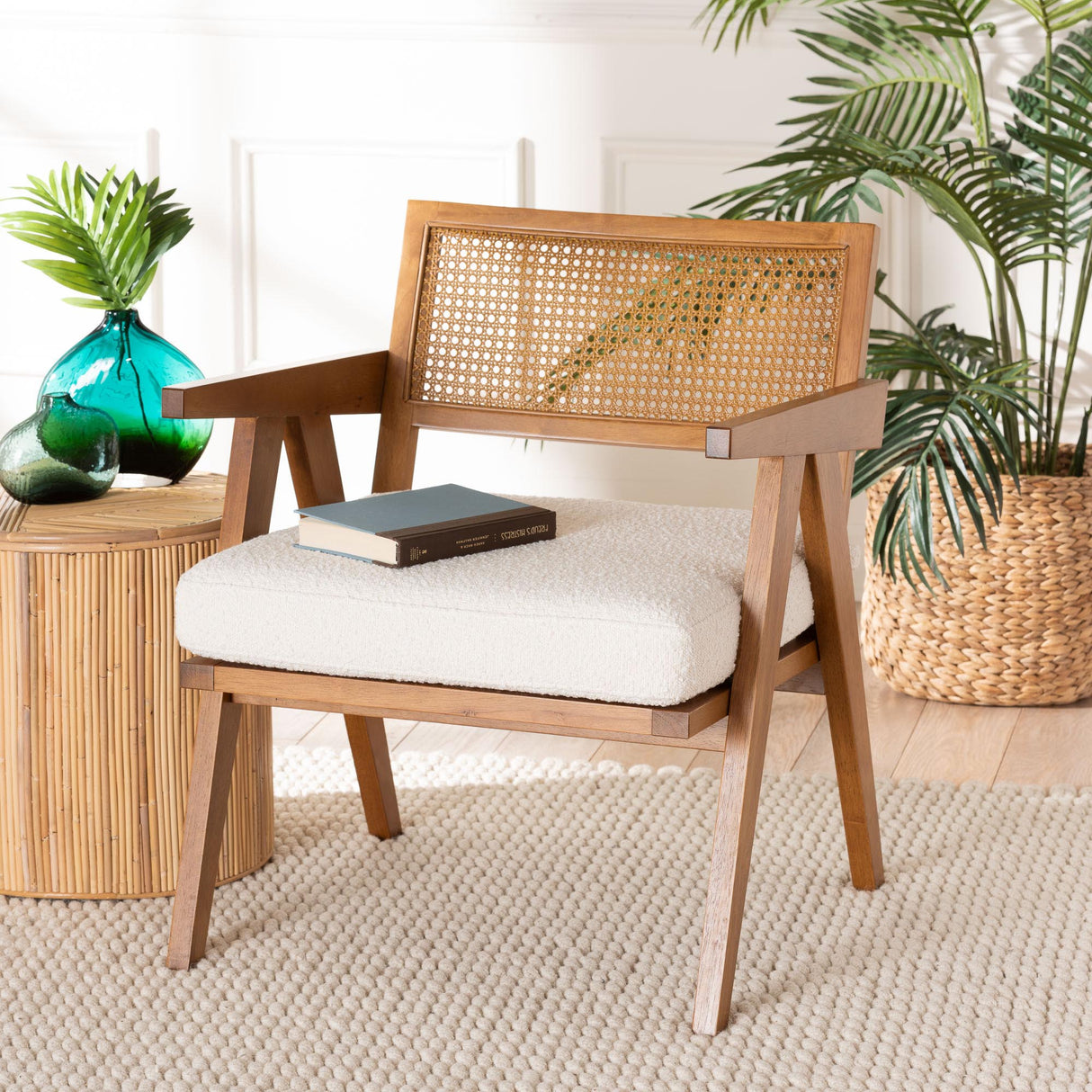 Jetsam Japandi Cream Boucle Fabric and Walnut Brown Finished Wood Arm Chair by Wicker Fair