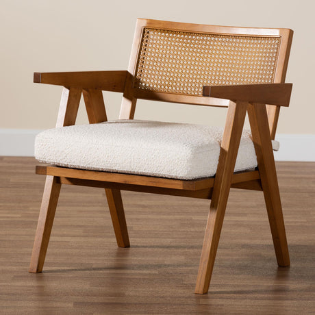 Jetsam Japandi Cream Boucle Fabric and Walnut Brown Finished Wood Arm Chair by Wicker Fair