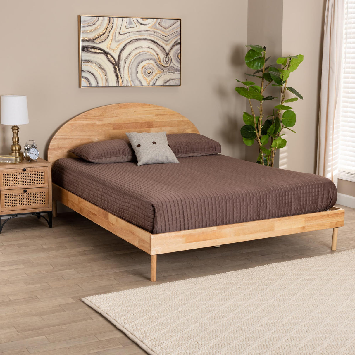 Denton Japandi Natural Brown Finished Wood Queen Size Platform Bed by Wicker Fair