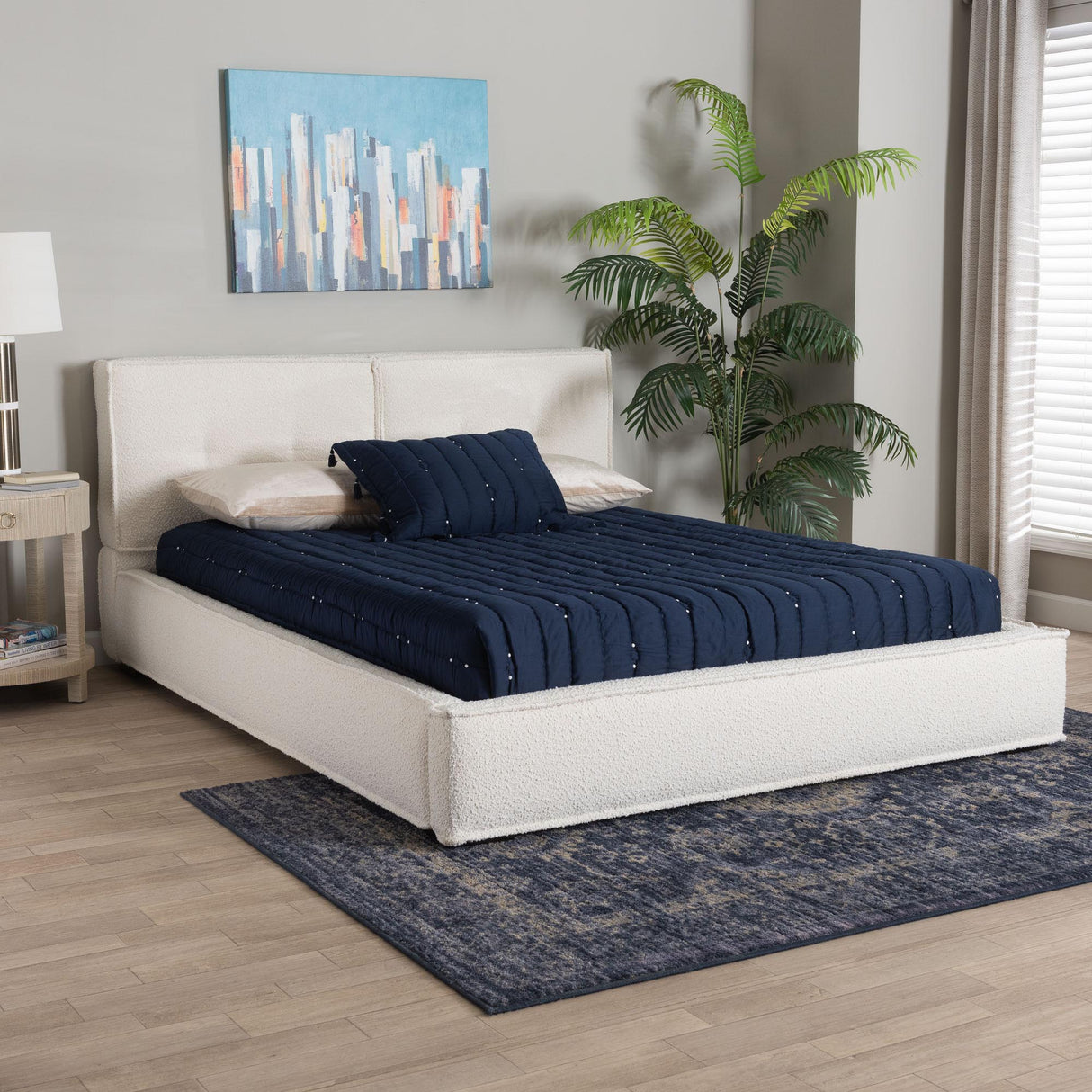 Laverick Modern Cream Boucle Queen Platform Bed by Wicker Fair