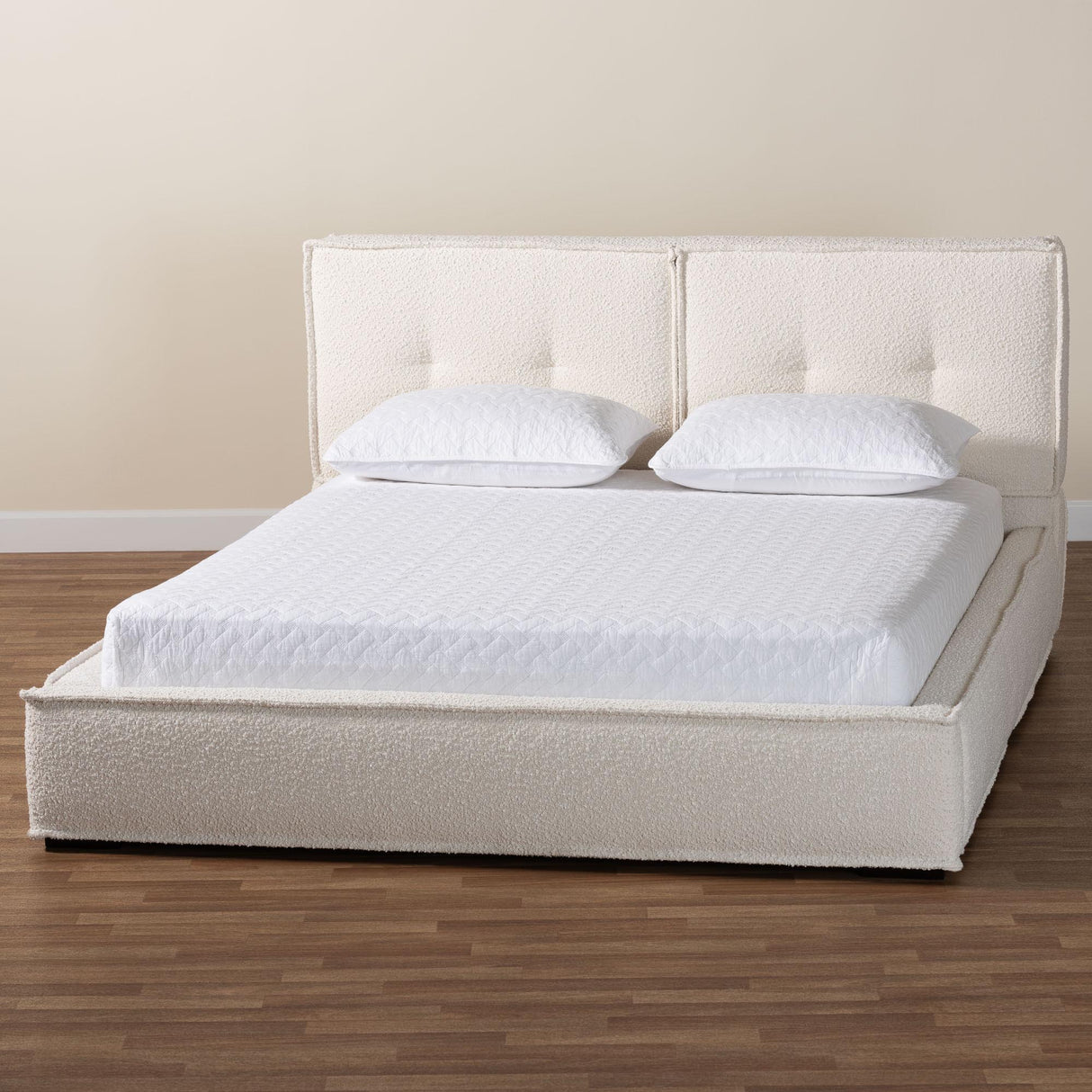Laverick Modern Cream Boucle Queen Platform Bed by Wicker Fair