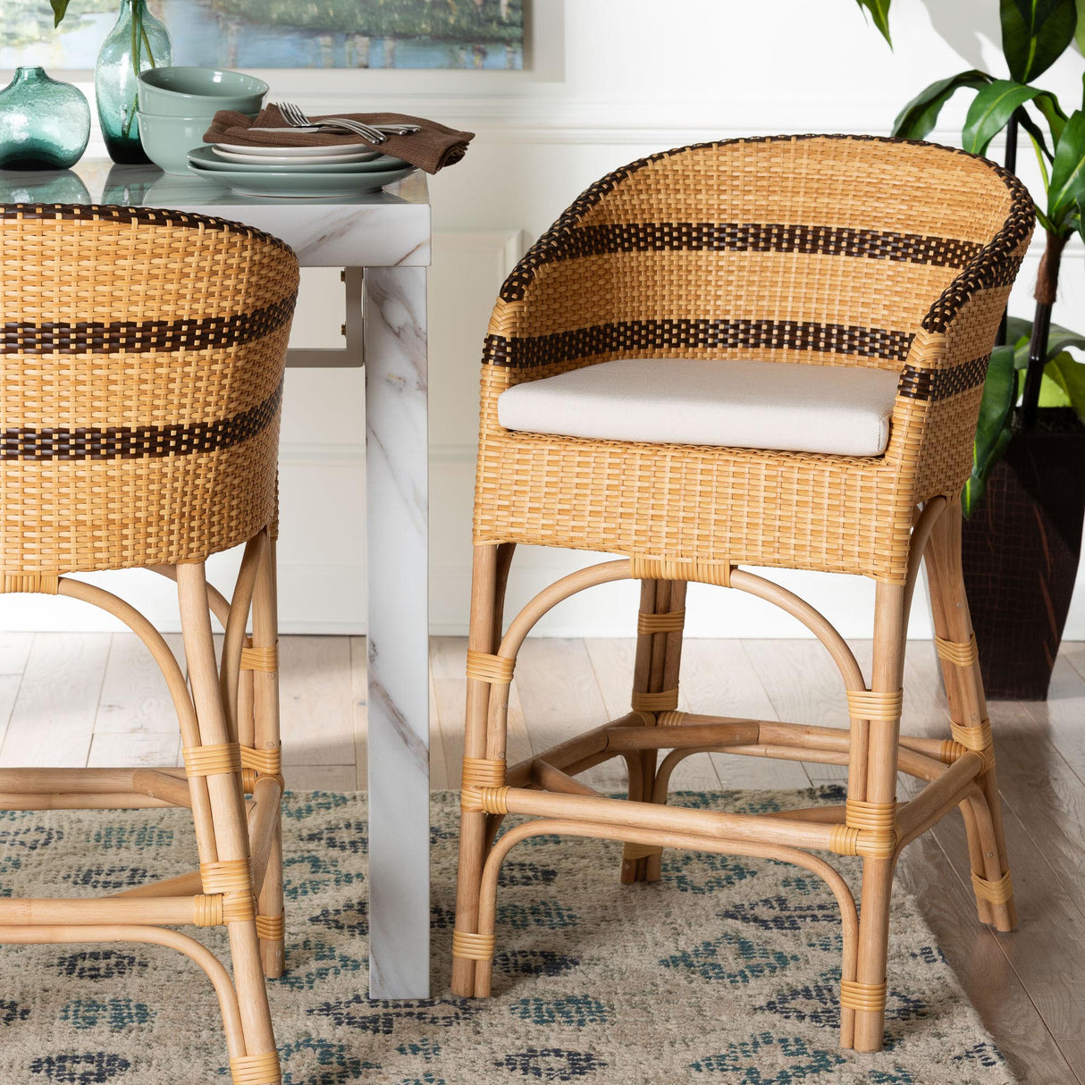 Emma Rattan Counter Stool with Cushion by Wicker Fair