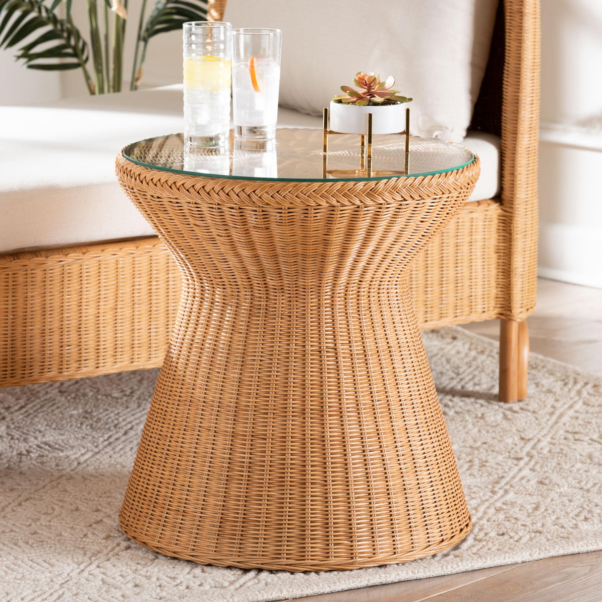 Lina Bohemian Light Honey Braided Rattan End Table with Glass Tabletop by Wicker Fair