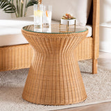 Lina Bohemian Light Honey Braided Rattan End Table with Glass Tabletop by Wicker Fair