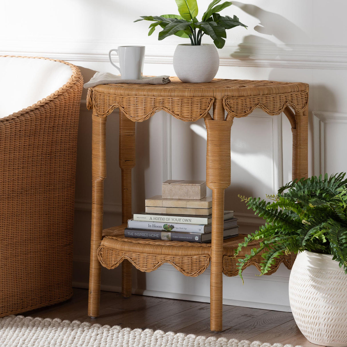Raisley Bohemian Scallop Light Honey Rattan Console Table by Wicker Fair