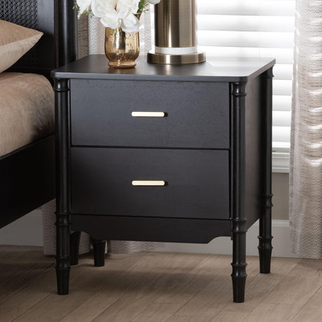 Marisela Black Wood Nightstand by Wicker Fair