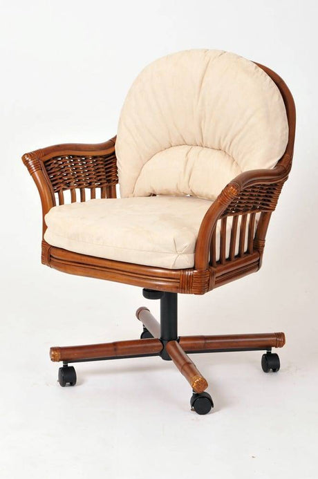 Bridgeport Rattan Swivel Tilt Caster Dining Chair from Alexander and Sheriden with Cushions Made in USA