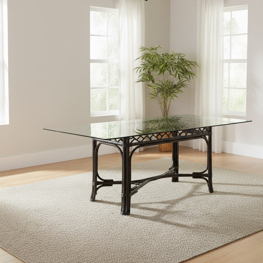 Chippendale Rattan Rectangle Dining Table Glass Top 970-076 by Braxton Culler