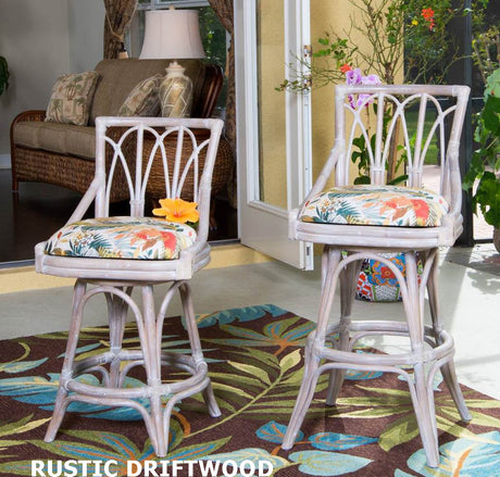 Cuba Rattan Armless Swivel Barstool and Counterstool in Rustic Driftwood Finish