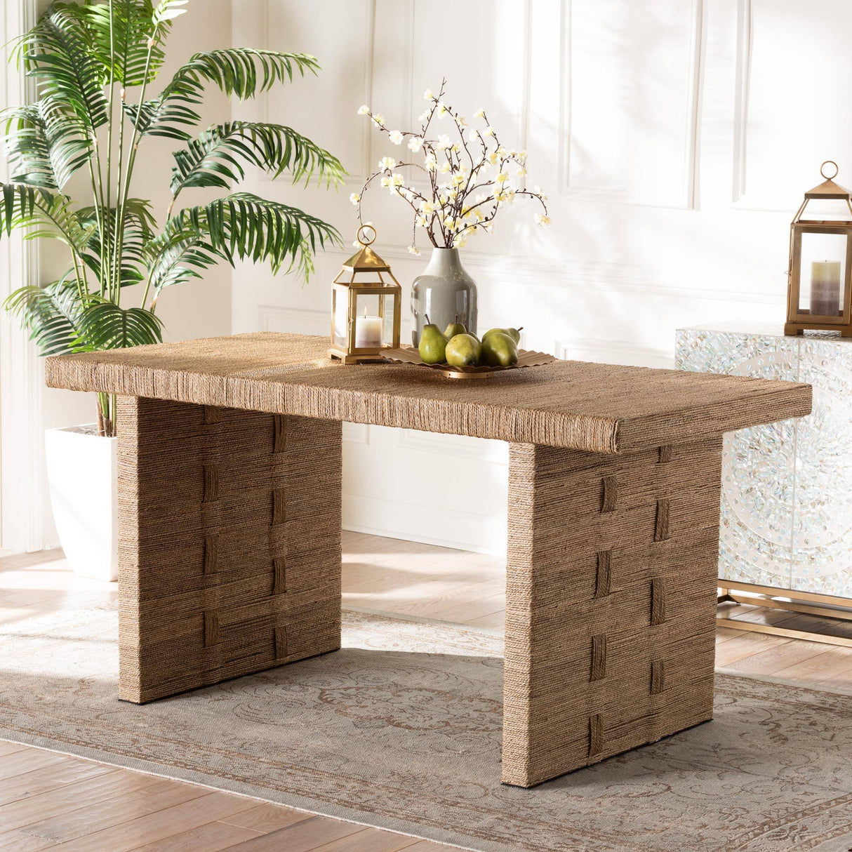BOLO BOHEMIAN BROWN WICKER SEAGRASS AND WOOD 60 Inch RECTANGLE DINING TABLE