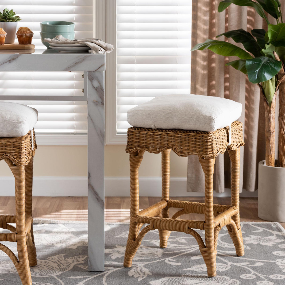 Auy Bohemian Scallop Honey Rattan Counter Stool by Wicker Fair