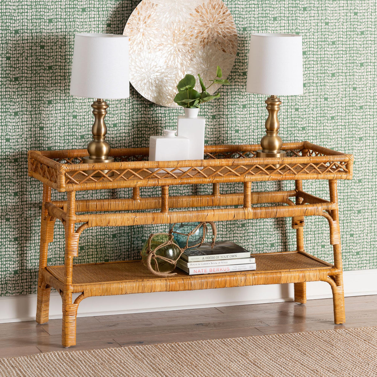 Navuta Modern Bohemian Natural Rattan 2-Tier Console Table by Wicker Fair