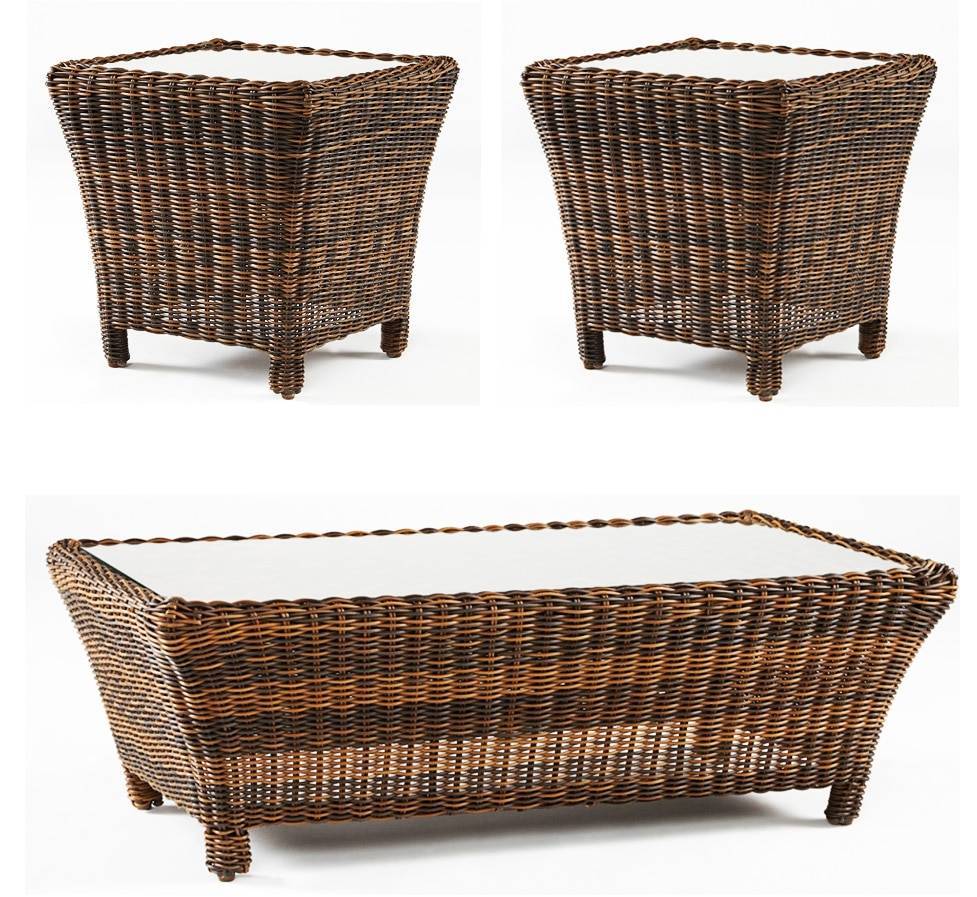 Del Ray Patio 3 Pc Coffee Table and 2 End Tables Set with Glass Top Model 76644-SET by South Sea Rattan