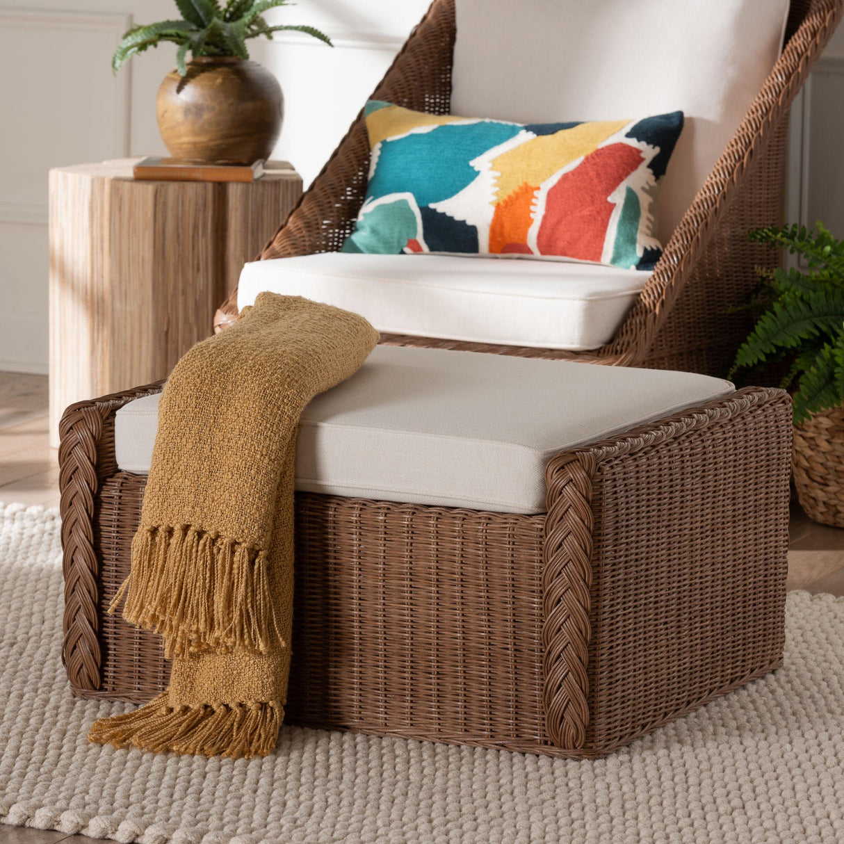 Vormes Bohemian Peanut Brown Braided Rattan Footstool by Wicker Fair