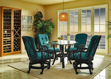 Edgewater Black Rattan Swivel Rock Dining Chair with Casters 914-106-BLACK Made in the USA by Braxton Culler