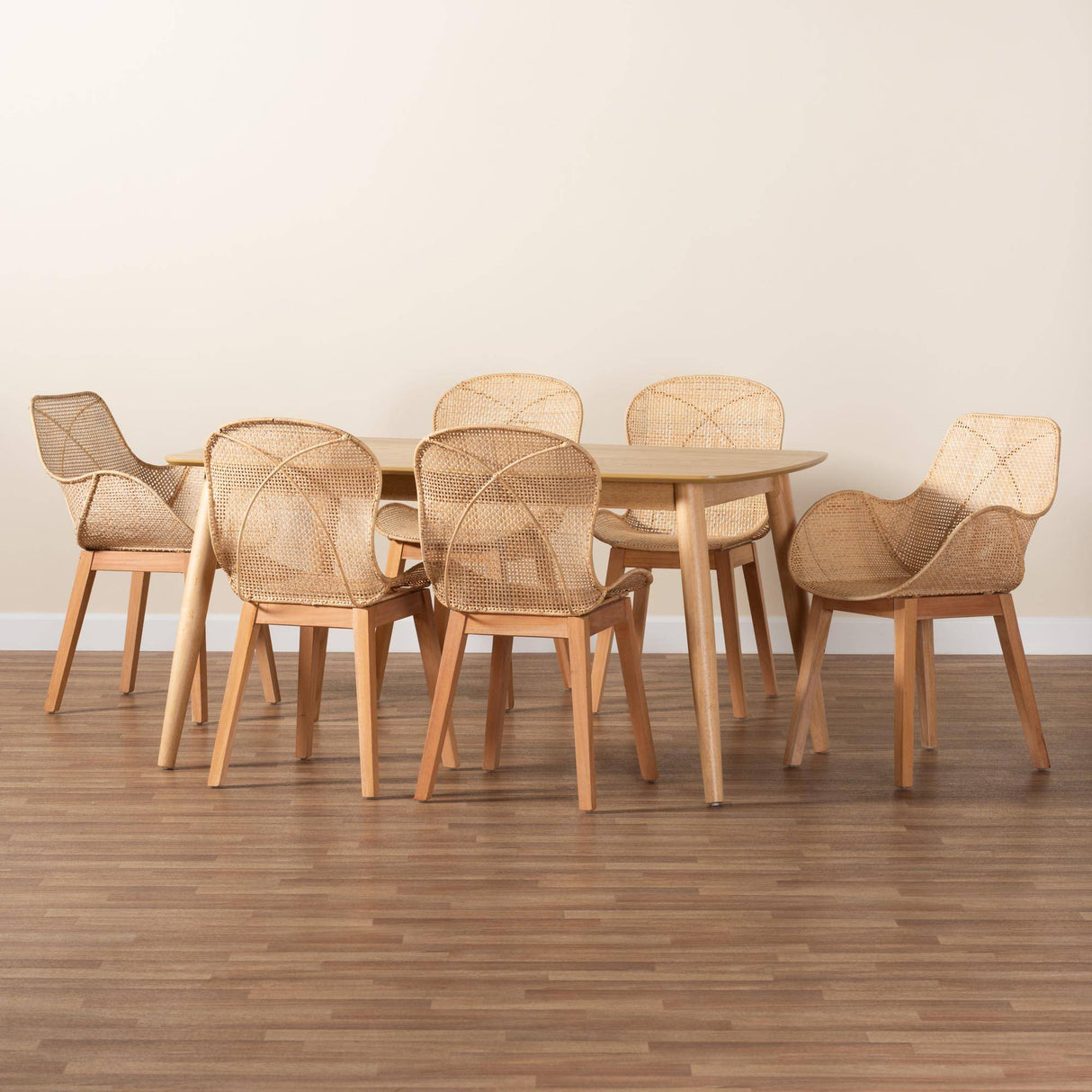 Misty Bohemian Natural Wood And Rattan 7-Piece Dining Set