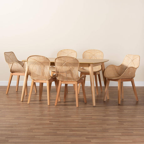 Misty Bohemian Natural Wood And Rattan 7-Piece Dining Set