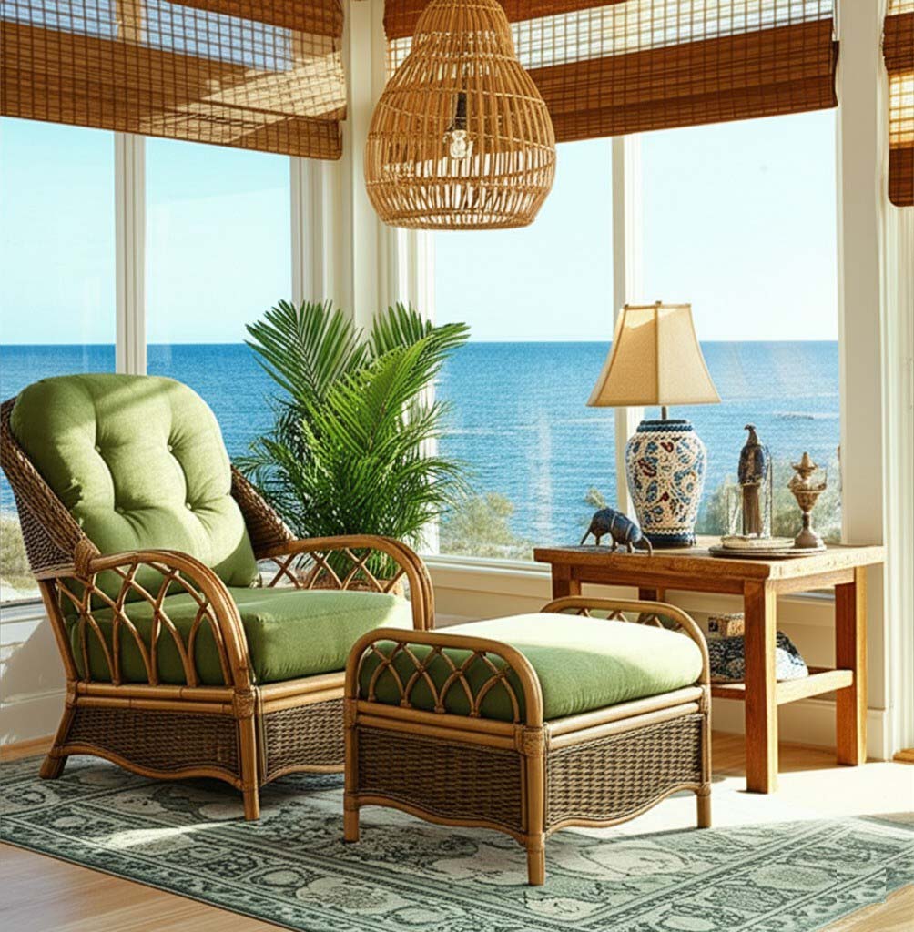 Everglade Living Room Customized Rattan Arm Chair Made in the USA by Braxton Culler