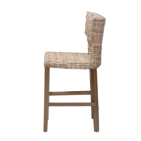 Renver Modern Bohemian Grey Kubu Rattan and Mahogany Wood Counter Stool by Wicker Fair