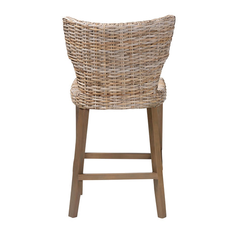 Renver Modern Bohemian Grey Kubu Rattan and Mahogany Wood Counter Stool by Wicker Fair