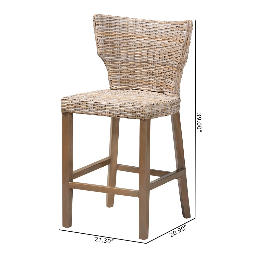 Renver Modern Bohemian Grey Kubu Rattan and Mahogany Wood Counter Stool by Wicker Fair