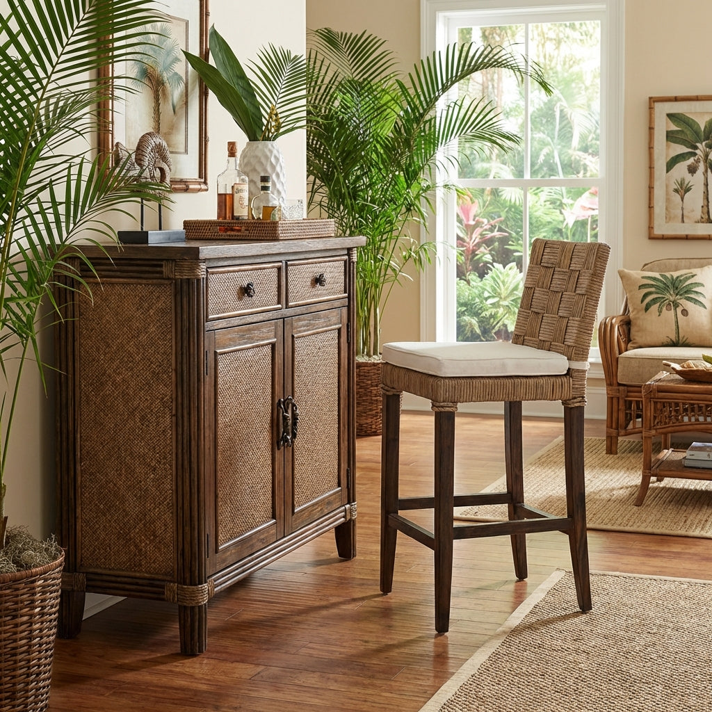 Fatima Wicker and Wood Barstool by Wicker Fair