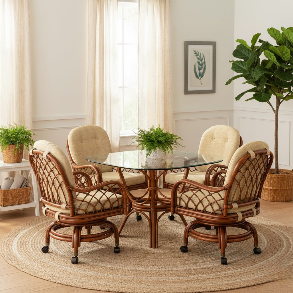 Grand Isle Rattan 6 Pc Swivel-Rock Caster Dining Set Made in the USA by Classic Rattan