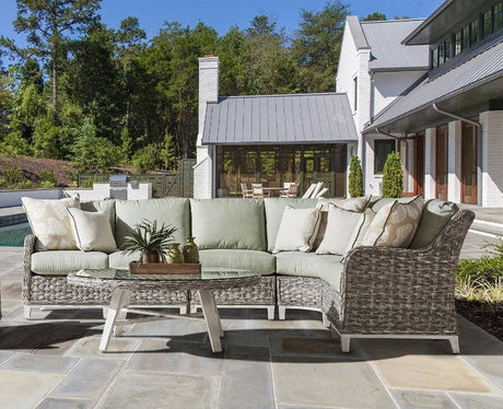 Grand Isle Outdoor 5 Pc Patio Wicker Sectional Set in Soft Granite Stain 77400-5 by South Sea Rattan with Cushions Made in the USA