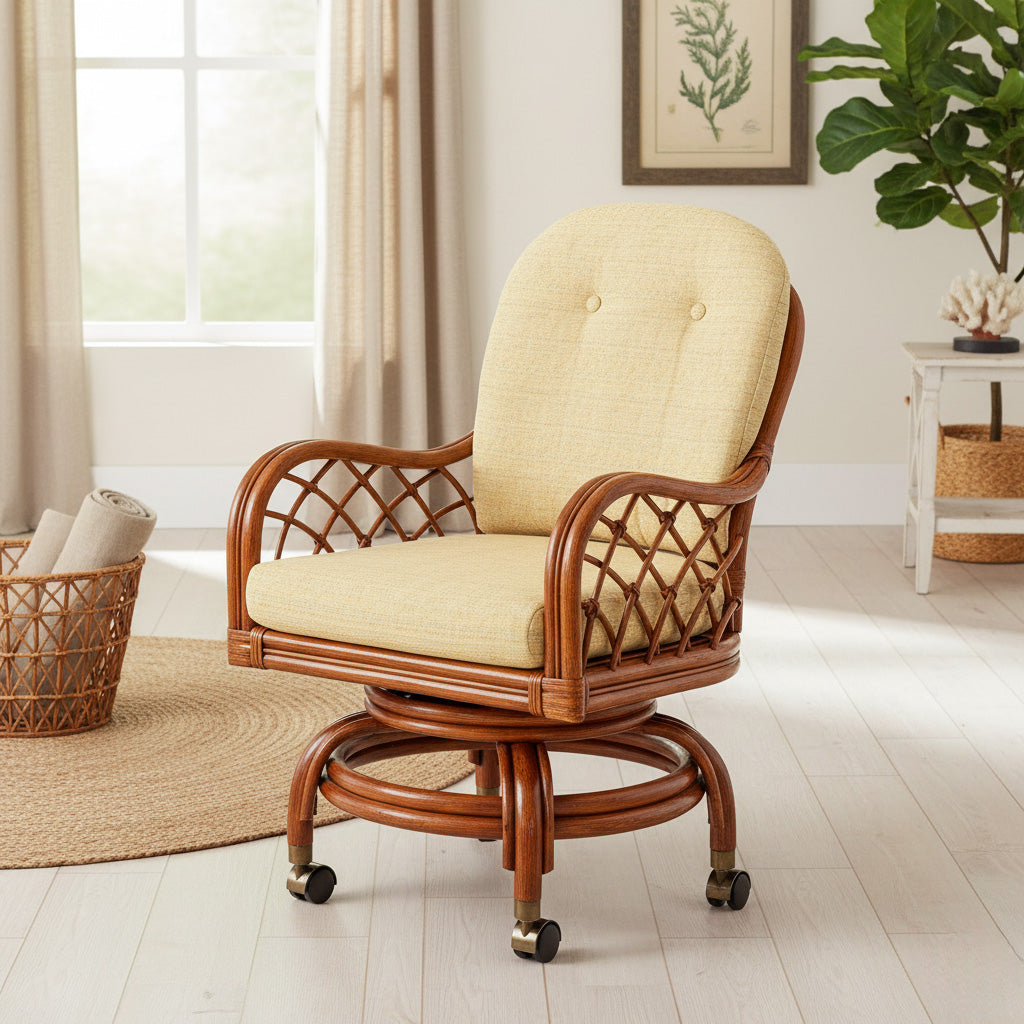 Grand Isle Rattan Swivel-Rock Caster Dining Chair Made in the USA by Classic Rattan
