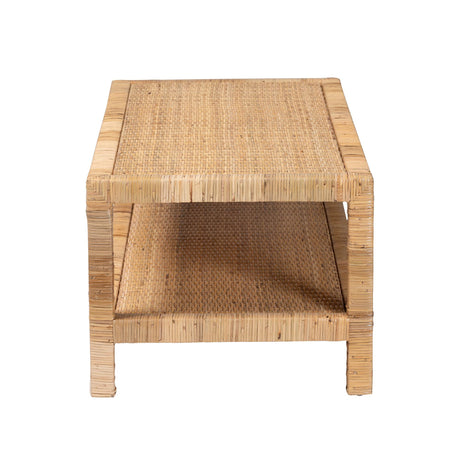 Ranimantan Bohemian Light Honey Rattan and Mahogany Wood Rectangle Coffee Table by Wicker Fair