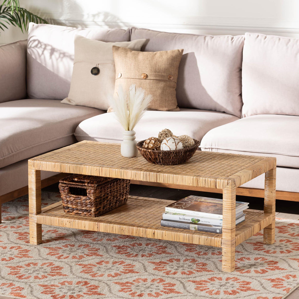 Ranimantan Bohemian Light Honey Rattan and Mahogany Wood Rectangle Coffee Table by Wicker Fair