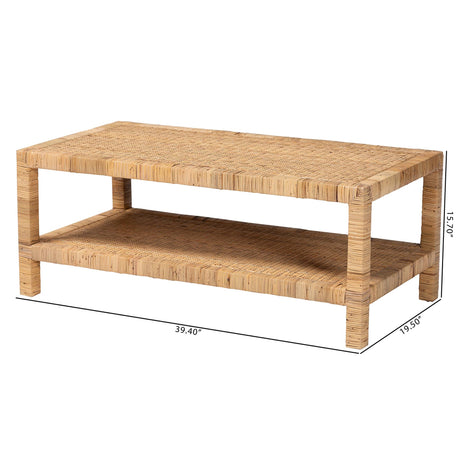Ranimantan Bohemian Light Honey Rattan and Mahogany Wood Rectangle Coffee Table by Wicker Fair