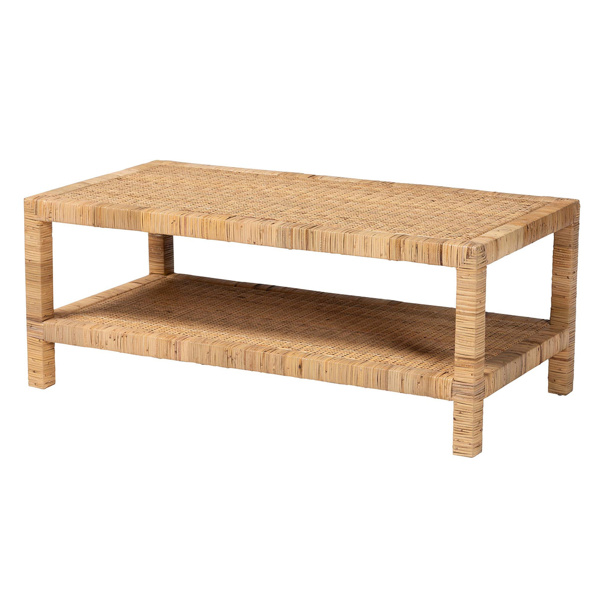 Ranimantan Bohemian Light Honey Rattan and Mahogany Wood Rectangle Coffee Table by Wicker Fair