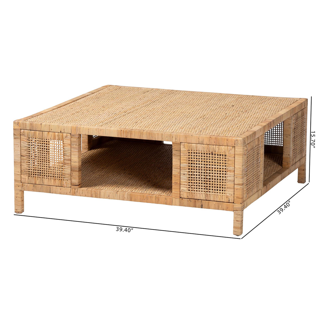 Salimantan Bohemian Light Honey Rattan and Mahogany Wood Square Coffee Table by Wicker Fair