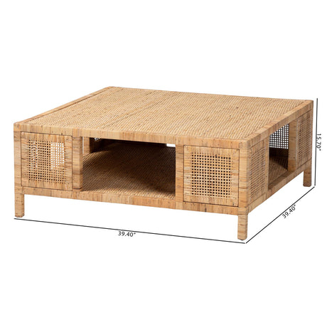 Salimantan Bohemian Light Honey Rattan and Mahogany Wood Square Coffee Table by Wicker Fair
