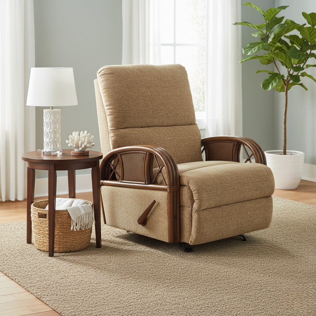 Kona Rattan and Wicker Recliner with Fruitwood Finish and Fabric by Stanley Chair Model 124
