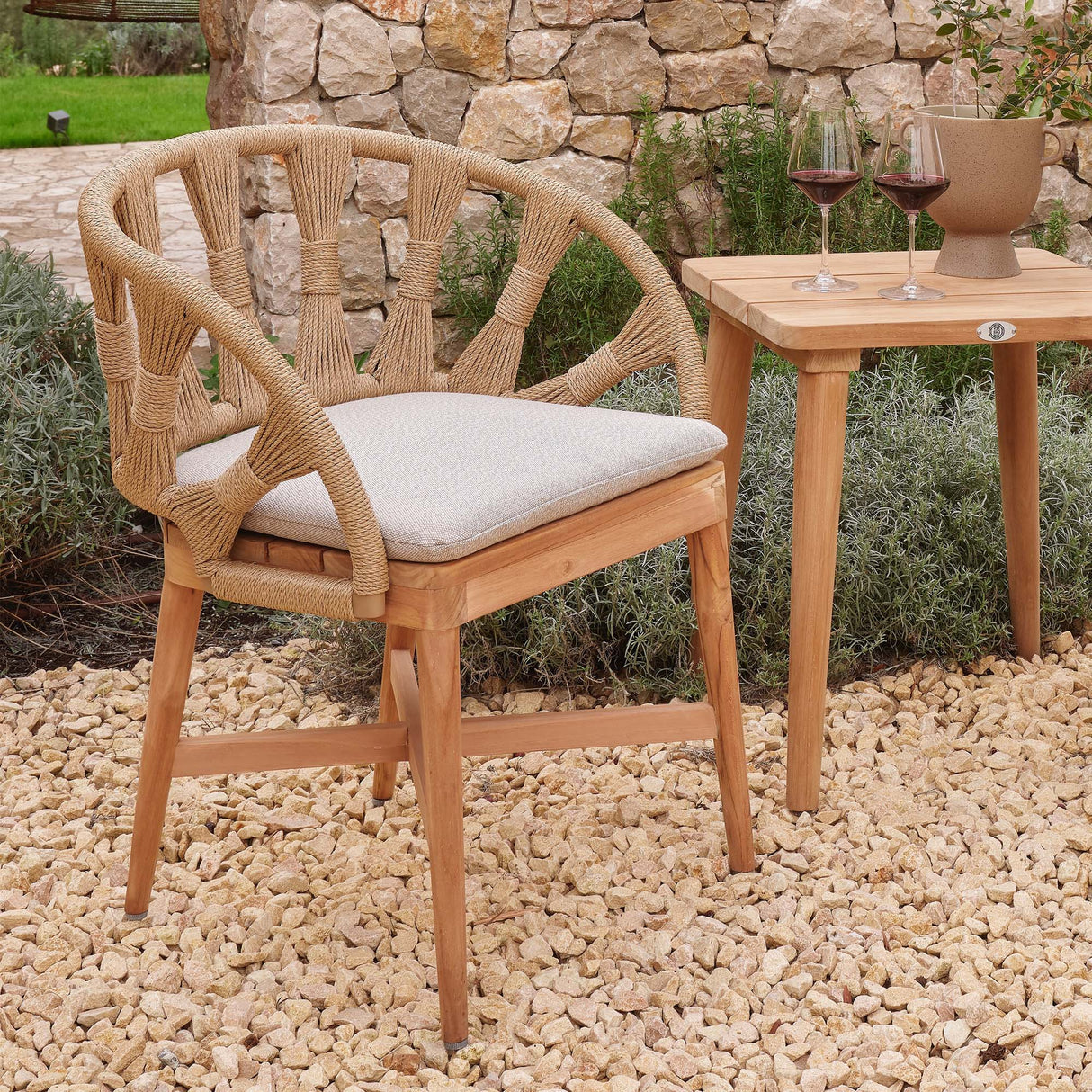 Krabi Outdoor Dining Armchair with Sunbrella Cushion Model 24107-RNAT-CUSH by Skyline Design