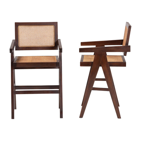 Kresna Rattan Counter Stool with Mahogany Wood Frame and Armrest Set of 2 by Wicker Fair