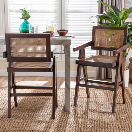 Kresna Rattan Counter Stool with Mahogany Wood Frame and Armrest Set of 2 by Wicker Fair
